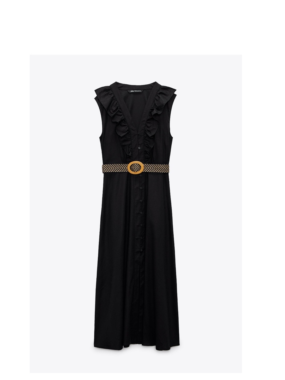 Zara Black Sleeveless Ruffle-Trim Button-Front Midi Dress with Woven Belt
